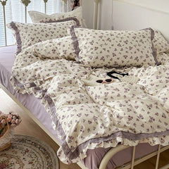 YICKYUE - French Small Floral Printed Bedding Set, Double Layer Lace Ruffles, 100% Cotton, Duvet Cover Set, Bed Linen, Pillowcases