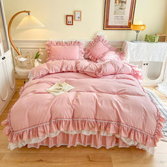 Yickyue Egyptina Cotton Bedding Set Luxury Pink Lace Ruffle Duvet Cover Bedspread Bed Skirt Pillowcases Korean Princess Home Textile