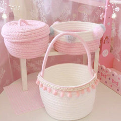 Round White Pink Small Hand Woven Basket Bedside Tabletop Snacks Storage Basket Cosmetics Coffee Table Storage Baskets