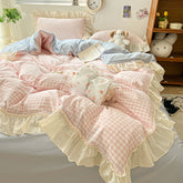 YICKYUE - Korean Princess Style Washed Cotton Soft Bedding Set Pink Blue Black Green Lattice Lace Ruffles Duvet Cover Set With Pillowcases