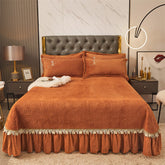 Yickyue Luxury high Quality Solid Color Quilted Crystal Velvet Lace Ruffles Bedspread Bed Skirt Mattress Cover Pillowcases Bedding Set