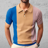 Hearujoy 2025 Summer New Mens contrast color Polo Shirts Knitwear Fashion Patchwork Knit Tops Short Sleeve Button Lapel Polo Tee Tshirt