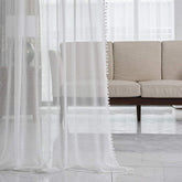 Yaapeet Linen Look Pom Pom Tasseled White Curtains Rod Pocket Voile Semi-Sheer Curtain Light Filter Bedroom Living Room Drape