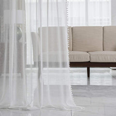 Yaapeet Linen Look Pom Pom Tasseled White Curtains Rod Pocket Voile Semi-Sheer Curtain Light Filter Bedroom Living Room Drape