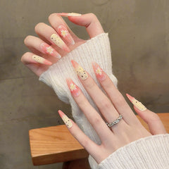 YICKYUE - 10Pcs Almond Long Stiletto Handmade Press on Nails Pink Flower Fake Nails Wearable Nails False Nail Wearable Manicure Nail Tips