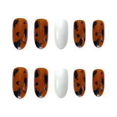 24pcs press on nails Leopard Printed Nail Patch with glue White Round Head Nails Fashion Manicure False Nails Gifts for Girls