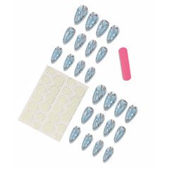 YICKYUE - 24pcs Ins Punk Style Fake Nails Wearable 3D Silver Stripes Long Almond y2k Nails Press On Nails French False Nails Full Cover