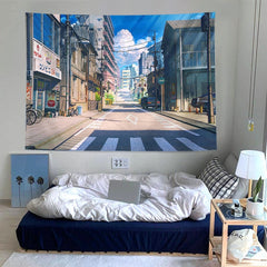 Ins Wall Hanging Cloth Scenery Tapestry Bedhead Wall Tapestries Cartoon Window Short Curtain Street Landscape Printed Tapestry