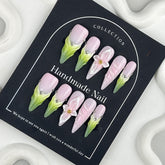 YICKYUE - Handmade Press on Nails Gradient Green Long pointed False Nails Wearable Full Cover 3D Flowers DIY Art Detachabe Fake Nail Tips