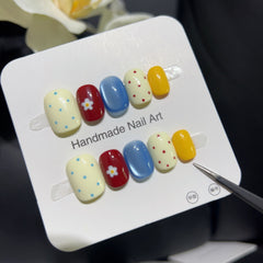 YICKYUE - 10pcs Handmade Short Press On Nails Small Flower Polka Dot Bow Cat Eye Design Sweet Cute Fake Nail Wearable Nails Art Tips Girls