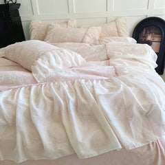 YICKYUE - Pink Princess Lace Ruffles Flowers Carved Velvet Warm 4Pcs Bedding Set Duvet Cover Bed Sheet/Fitted Sheet/Bed Skirt Pillowcases