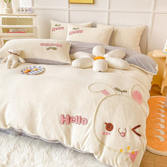 Yickyue Cute Bed Linens Set Winter Thickened Warm Plush Duvet Cover Sheet Pillowcase 4pcs Luxury Bedding Set Kid Christmas New Year Gift