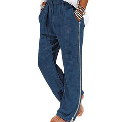 Hearujoy Vintage Men Pleated Cotton Linen Casual Pants Drawstring Side Zip Elastic Waist Comfort Breathable Beach Trousers Straight Pants