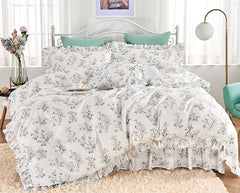 YICKYUE - Elegant flower ruffle bedding set,twin full queen king fresh pastoral floral cotton bedclothes bed dress pillow case quilt cover