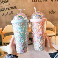 550ML Kawaii Creative Rainbow Plastic Water Cup Large Capacity Ladies Straw Cup Double Color Bead Smooth Drink CupDrink Cup