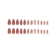 YICKYUE - 24pcs Cat's Eye Almond Fake Glitter Nails Press On Long Stiletto Nail Art Cherry Wine Red French False Nails Tips Finished Nail