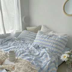 YICKYUE - Baby Blue Striped Seersucker Bedding Set
