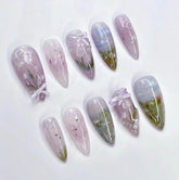YICKYUE - 24pcs Wearable Pastoral Style False Nails Long Almond Nails Press On Nails With 3D Bow Pearls Designs Flash Cat's Eye Fake Nails