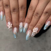 YICKYUE - 24pcs 3D Carved Petal Decor False Nails Gradient Blue Almond Fake Nails Tips Wearable Detachable Spice Girl Press on Nails
