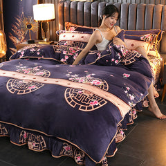 4pcs Set Winter Warm Thicken Short Plush Bedding Set Printing Flannel Duvet Cover Flat Sheet Pillowcase King Queen Bedding Set