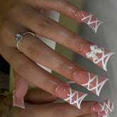 YICKYUE - 3D White Bow Fake Nails White Ribbon Design False Nails Duckbill shaped Press on Nail tips Korean Sweet Artificial Nail patches