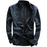 Hearujoy Vintage High Quality Linen Shirt For Men Long Sleeve Stand Neck Slim Fit Top Chinese Style Retro Blouse Streetwear Plus Size 7XL