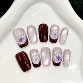 YICKYUE - 10Pcs Handmade French Short Press On Nails Shiny Cat's Eye 3D Hand-carved Flower Design Fake Nail Wearable False Nail Tips