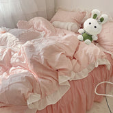 Korean Lovely Princess Ruffles Queen Duvet Cover Set Cut Flowers with Ruffles Pink Bedding Set Quilt Cover Bed Skirt Pillowcases
