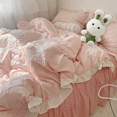 Korean Lovely Princess Ruffles Queen Duvet Cover Set Cut Flowers with Ruffles Pink Bedding Set Quilt Cover Bed Skirt Pillowcases
