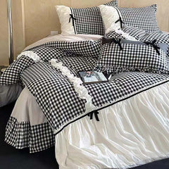 YICKYUE - Black Gingham with Bow Ruched Bedding Set