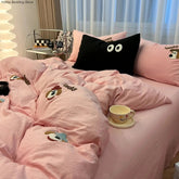 Yickyue Ins Cartoon Cute Dog Bedding Set Towel Embroidery Duvet Cover Queen Twin Full Size Pink Bed Flat Sheet Quilt Cover Pillowcases