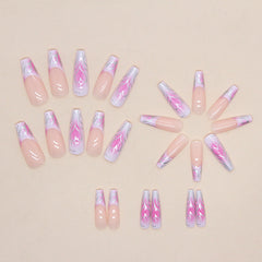 YICKYUE - Punk Silver Line Symbol French Blush Halo Dye Love Long Ballet Nail Full Finished False Fake Art Nail Glue Manicure Charm Woman