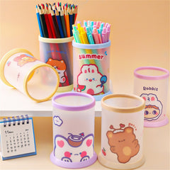 1pc Kawaii Cartoon Pen Holder Frosted Plastic Round Pencil Makeup Brush Storage Bucket Cute Desktop Organize Stationery
