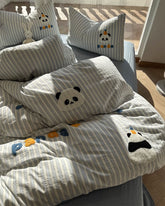 YICKYUE Cute cartoon embroidery panda bedding set,twin full queen king blue stripe cotton home textile bed sheet pillow case quilt cover