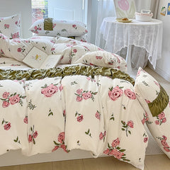 Yickyue Flower Series Double Gauze Bedding Sets 4pcs Comforter Bedding Sets Skin Friendly Fabric Quilt Cover Set for Single Double Bed