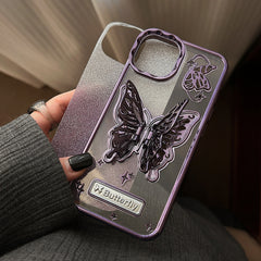 YICKYUE - Electroplated Butterfly Bracket Phone Case For iPhone 16 15 14 13 12 11 Pro Max Glitter Powder Card Shockproof Cover