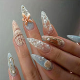 YICKYUE - 24pcs Retro Ocean Fake Nails Beach Shells Pearl Diamond Design False Nail Tips Korean Blue Sweet Girls Wearable Press on Nails