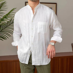 Hearujoy Vintage Linen Shirt For Men Summer Thin Breathable Short sleeved Tops Light Luxury Casual Loose Stand Collar Blouse Streetwear