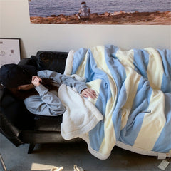YICKYUE - ns Nordic Style Lambswool Blanket, Simple Striped, Contrast Color, Korean Style, Office, Home, Casual, Lunch Break