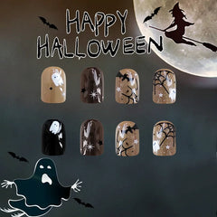 YICKYUE - 24Pcs/Set Halloween Press-On Square Nails Set Short Glossy Finish With Spider Ghost Star Design False Nails For Women and Girls