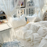 Yickyue Korean Girl Princess Style Solid Color Bedding Fitted Set Cute Cotton Ruffle Seersucker Duvet Cover With Pillow Case Bed Sheets