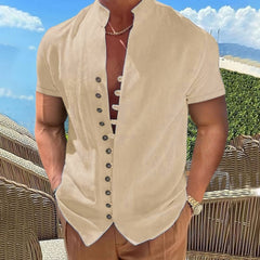 Hearujoy New 100% Cotton Linen Vintage Shirts Mens Short Sleeve Stand Collar Casual Male Blouse Summer Retro Shirt Top Men Clothing