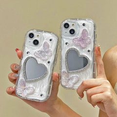 YICKYUE INS 3D Bling Glitter Butterfly Love Heart Makeup Mirror Phone Case For iPhone 13 14 15 16 Pro Max 12 Pro 11 XR XS Silicone Cover