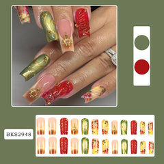 YICKYUE - 24pcs Baroque Gold Sun Decor Fake Nail Patches 3D European Ballet Coffin Press on Nails for Women Wearable French False Nails