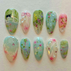 YICKYUE - 24pcs Summer New Almond Press on Nails Spring Flowers Pattern Green False Nails Patch Ins Sweet Bow Fake Nails Tips for Girls