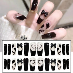 24PCS Black Press On Nails Cute Black Bow Design Fake Nails Full Coverage Nail Free Shipping Nails Set Press On With Glue