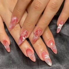YICKYUE - 24pcs White Almond False Nails French 3D Flower Design Nails Fake Press on Acyrlic Nails Wearable Ballerina Full Over Nail Tips