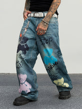 Hearujoy Men'S Street Style Wide Leg Faux Denim, 100% Polyester, Unique Chain Print & Burnout Design, Casual Mid Waist with Pockets, Non-Stretch Woven Fabric, Zipper Placket, Loose Fit, Regular Length