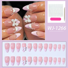 YICKYUE - Nude French bow love wearing nail patch fake nails for womengirlsstudentspregnant women detachable ins wind almond Pearl 24pcs