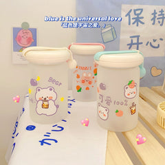 Korea Kawaii Simple Frosted Water Cup for Students with Cartoon Pattern Glass Cute Girl Heart Coffee Milk Cup